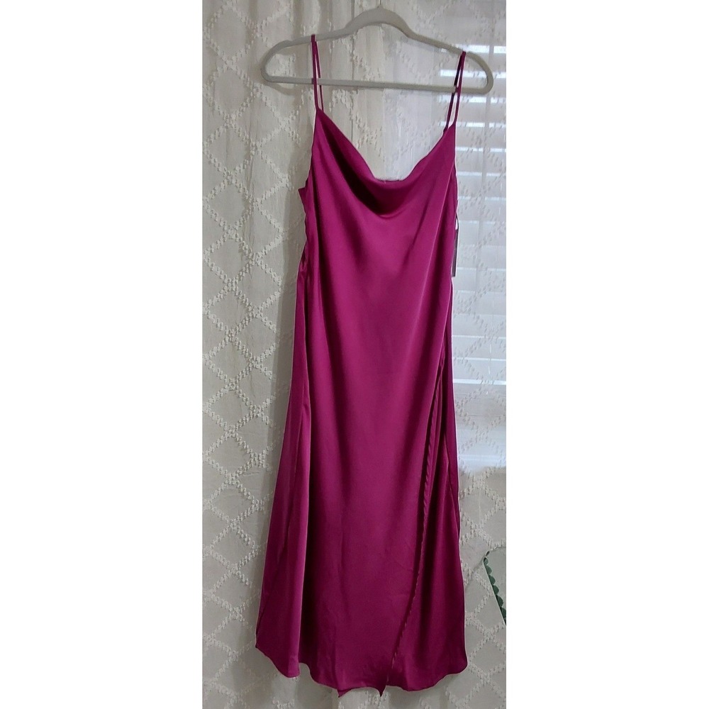 Dex Satin Slip Midi‎ Dress Fuchsia Berry Cowl Neck Spaghetti Straps Size Medium